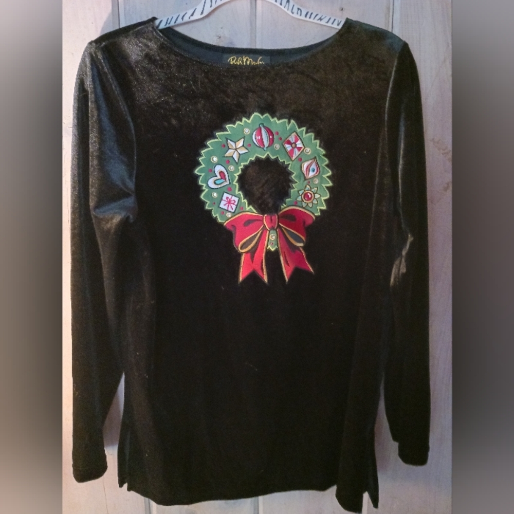 Bob Mackie Vintage Black Velvet Holiday Tunic Top with Wreath Design Size Small